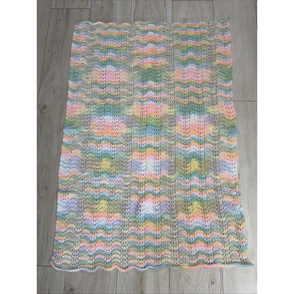 Vintage Pastel Hand Crocheted Soft Knitted Baby Blanket Throw Afghan Unisex
